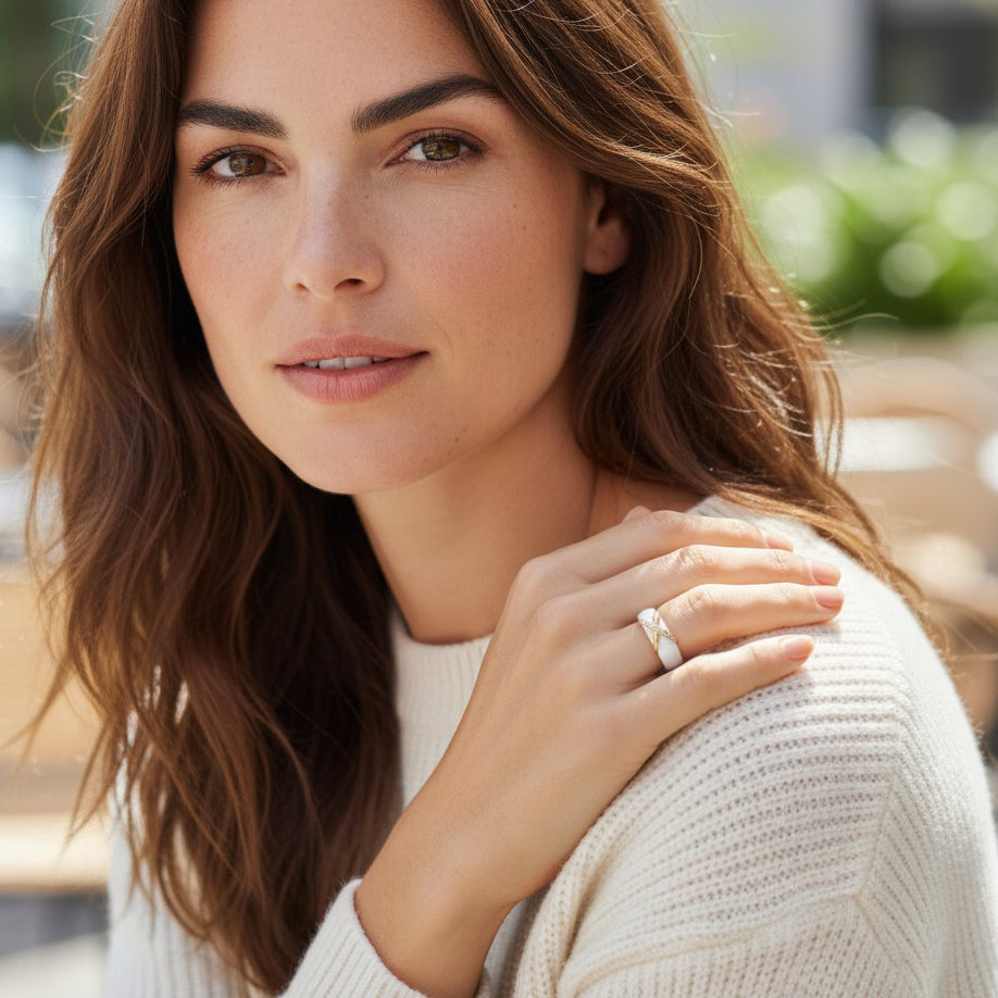 天然 ダイヤモンド 計0.08ct K18YG セラミック ホワイト ダイヤリング ARS091K