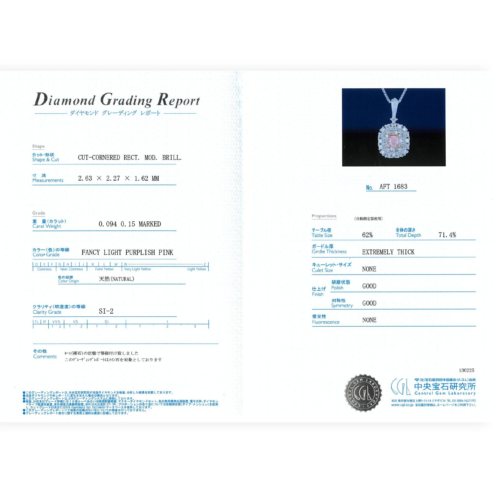 【1点もの・鑑定書付き】天然 ピンクダイヤモンド ネックレス FANCY LIGHT PURPLISH PINK ダイヤ Pt950 プラチナ ペンダント ANC098P